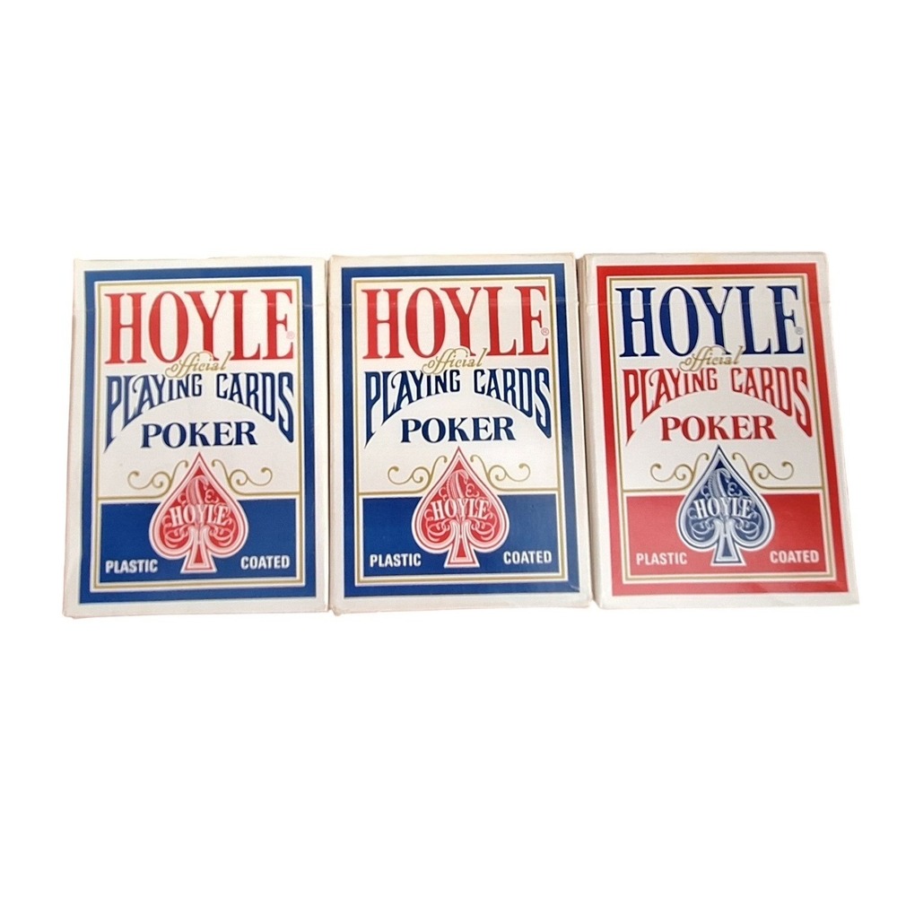 Hoyle Official Poker Playing Cards 3 Full Decks 2 Blue 1 Red Plastic Coated USA